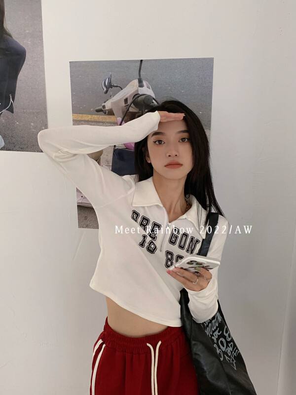 New in early autumn! [MEET RAINBOW] Contrast color letter lapel short long-sleeved T-shirt 08351# LSL