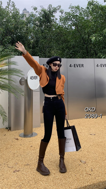 【OKD】Black Leather Brand Stretch Two Button Skinny Jeans 2089-1# GY