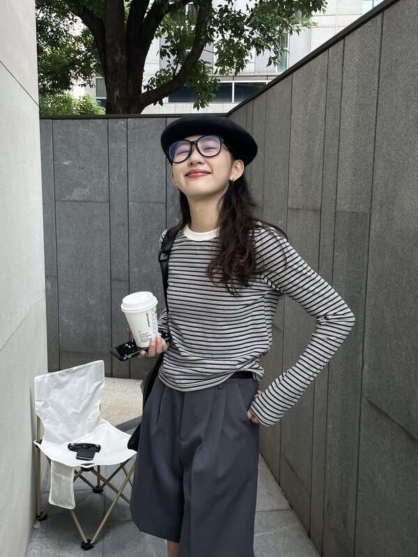 New in autumn! [TN] Contrast color round neck striped long-sleeved T-shirt 3286# CLS