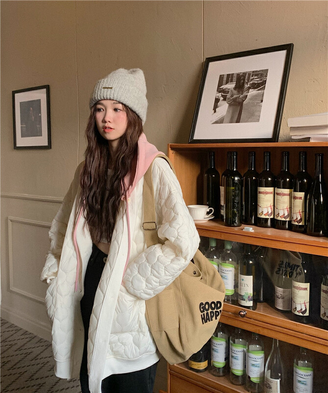 [Timely rain] Korean style ins retro casual loose hooded embossed warm padded jacket (with hood) 21708# WPL