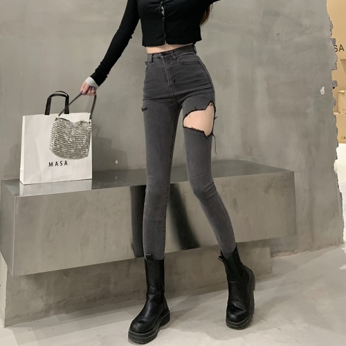 Real shot real price Hong Kong style Western-style slim bag hip trousers women's all-match high waist ripped jeans