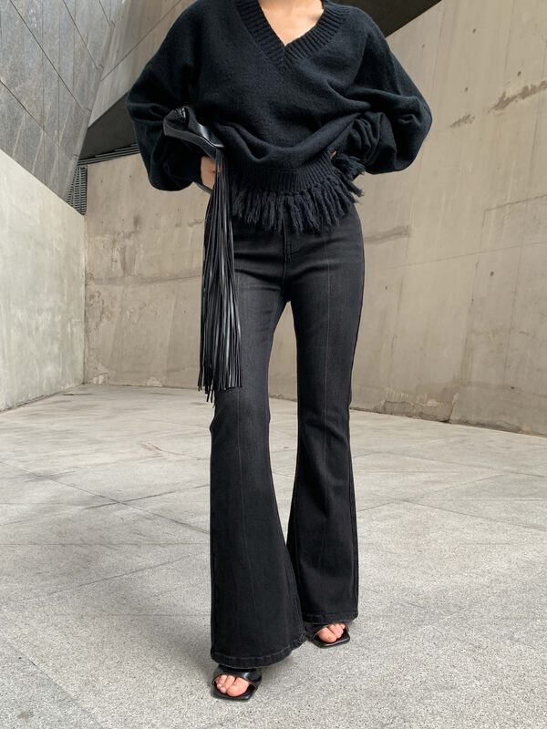 【WHITE】Slim high waist micro flared comfortable jeans k88692# GY