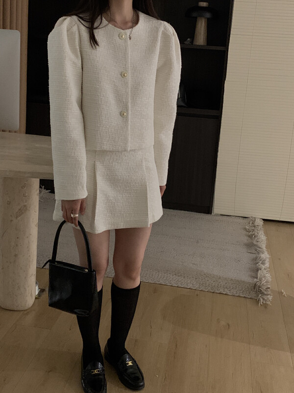 【ON LINE】Korean standard!  Exquisite celebrity temperament high waist tweed folded skirt 6803