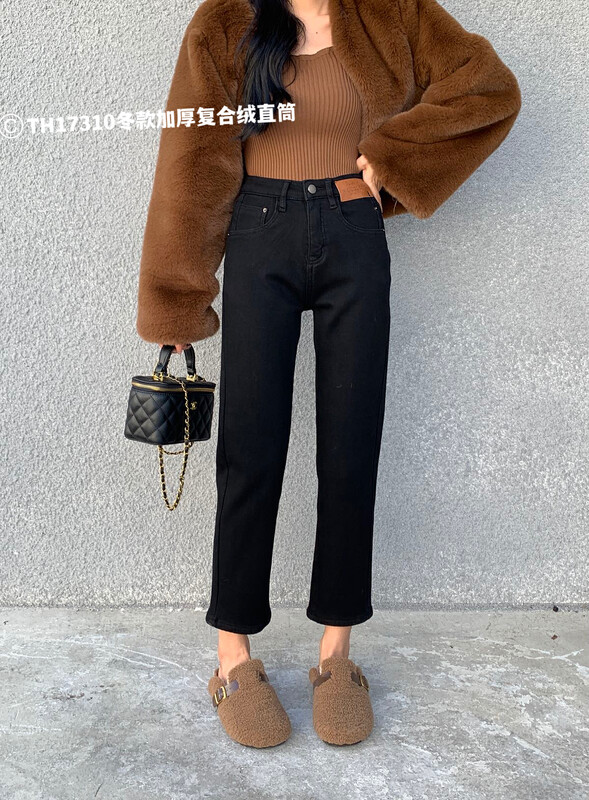 【T.H】Straight-leg casual fleece thickened jeans 17310# LSW