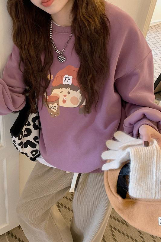[Timely rain] Korean style ins loose pattern printing pullover silver fox fleece sweater 51579# WPL
