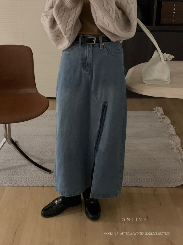 Original price 98.99! 【ON LINE】Korean high waist slit color matching slimming all-match denim skirt A7087