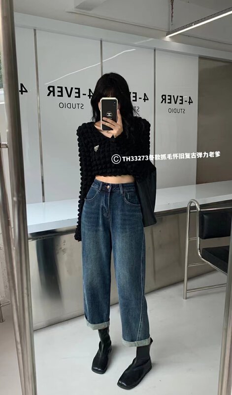【T.H】Fleece Fashion Loose Stretch Retro Daddy Jeans 33273# LSW