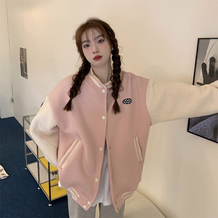 [Timely rain] Korean style ins checkerboard loose fashion stitching lamb wool sleeve stick jacket 49552# WPL