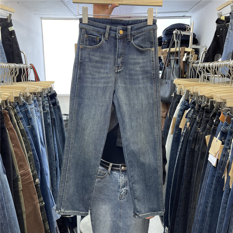 【OKD】Stretch straight-leg compound fleece all-match jeans 52898# GY