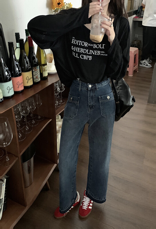 [Timely rain] Korean style ins retro design double pocket high waist jeans Y7719# WPL