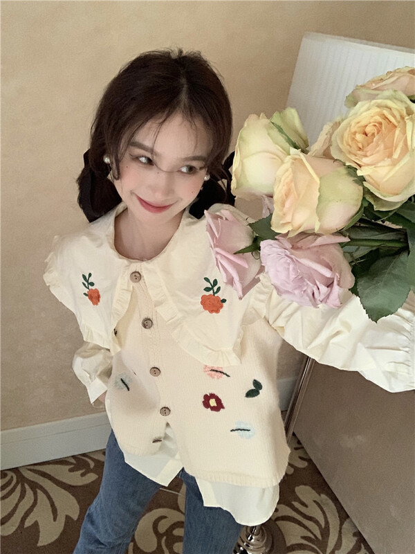[Timely rain] Korean style ins retro age-reducing embroidery loose all-match single-breasted vest (only vest) P1817# WPL