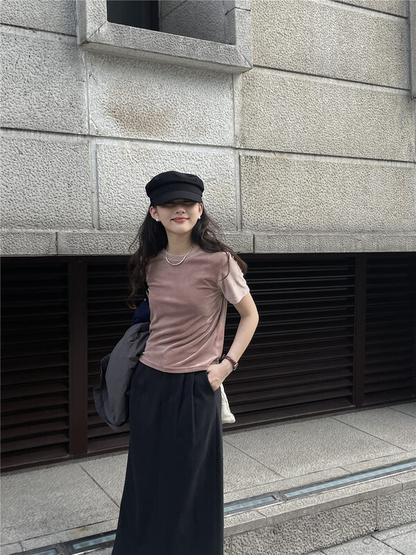 【TN】Round Neck Pullover Velvet Versatile Short Sleeve T-Shirt T3310# CLS