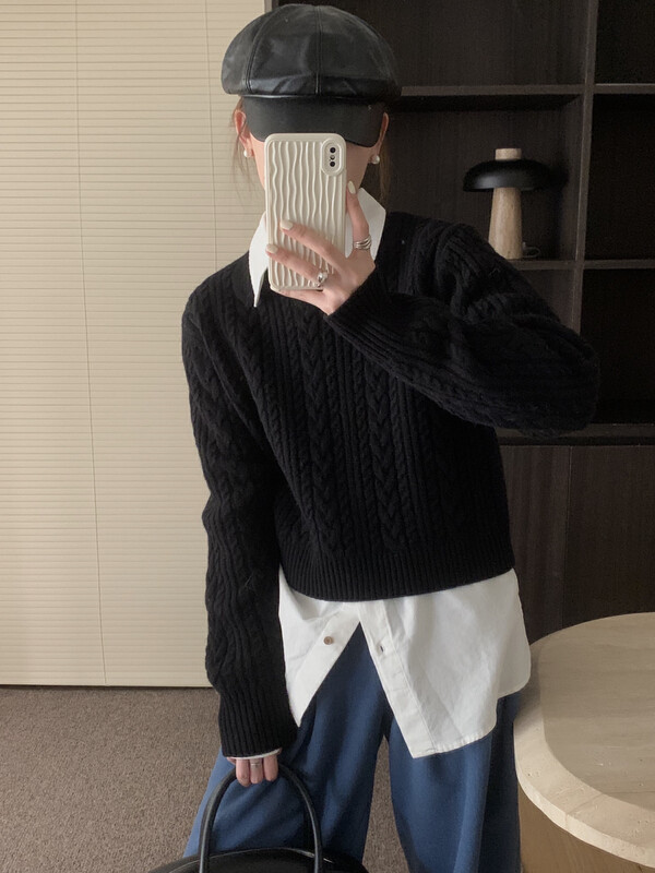 【ON LINE】Thick 100% Wool Crew Neck Cable Pullover Sweater PA556
