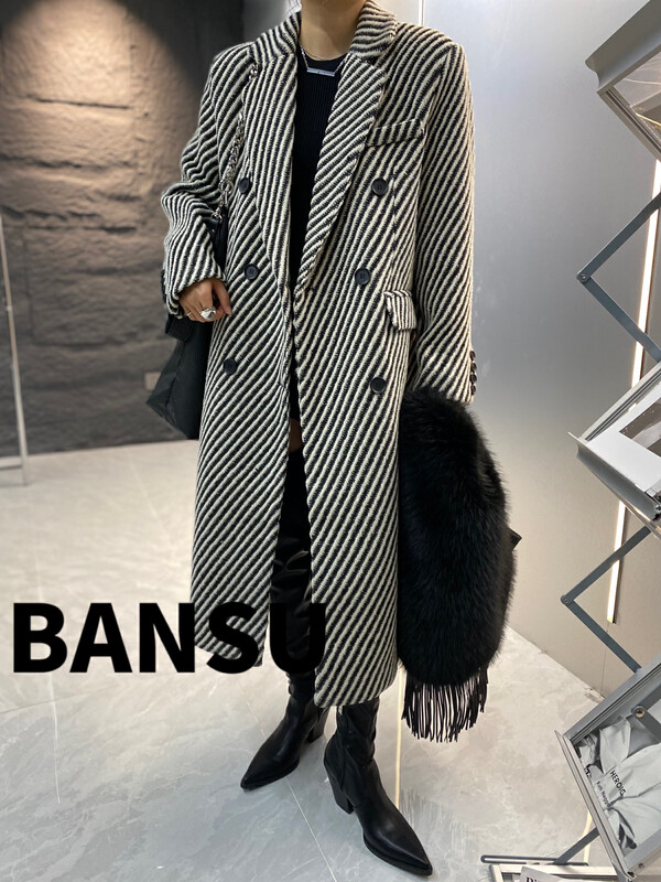 [Semi-plain] striped double-breasted long woolen coat (with belt) A896# ZJY