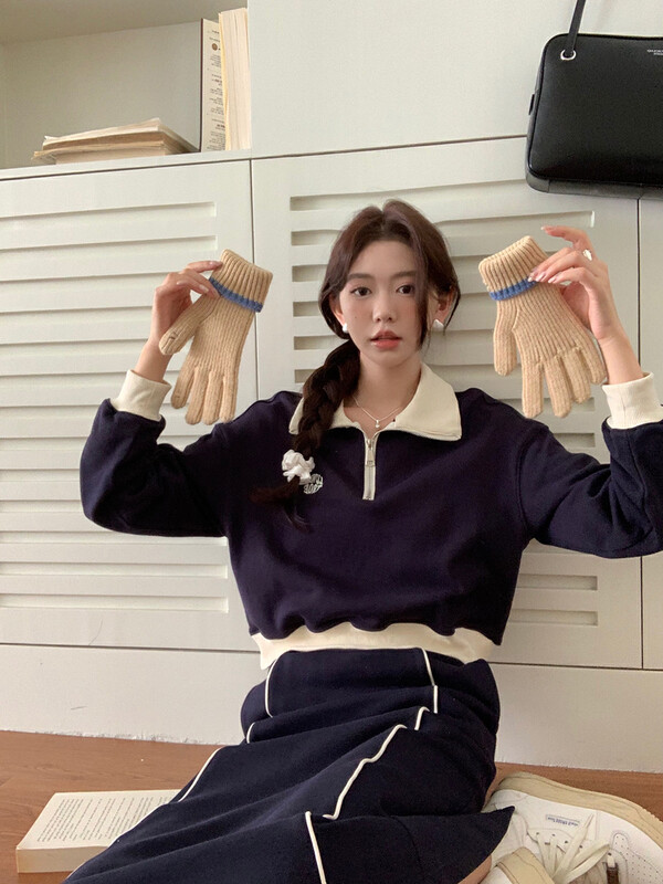 [Timely Rain] Embroidered zipper short sweater + high waist slim skirt suit P7878# WPL