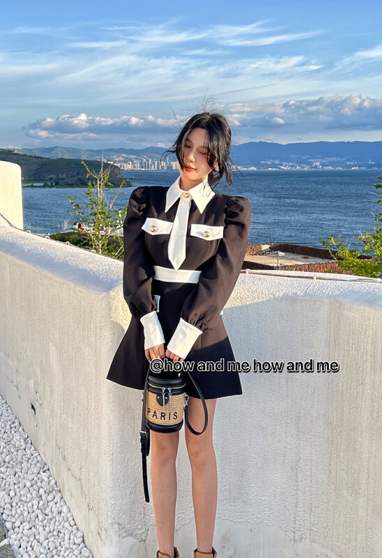 [ HOW AND ME Cheng Xi] Contrast color stitching design waist puff sleeve lapel dress and tie can not be removed YS1-5003