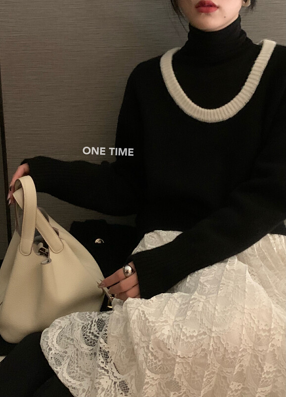 【ONE TIME】Contrast color U-neck warm sweater (100% wool) OT7706# JHY