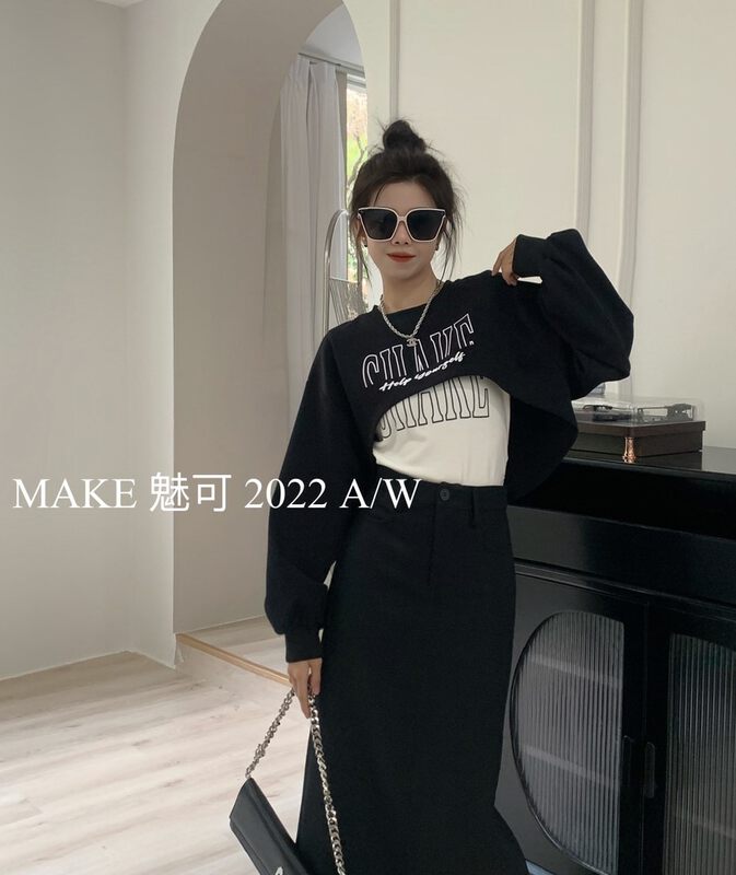 【MAKE】Fake two-piece printed loose sweater 80063# OZQ