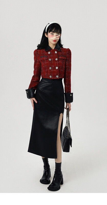 【L.L STUDIO】Retro Small Fragrance Short Jacket Slit Half-length Skirt Set (with Waist String) 78477# PCZ