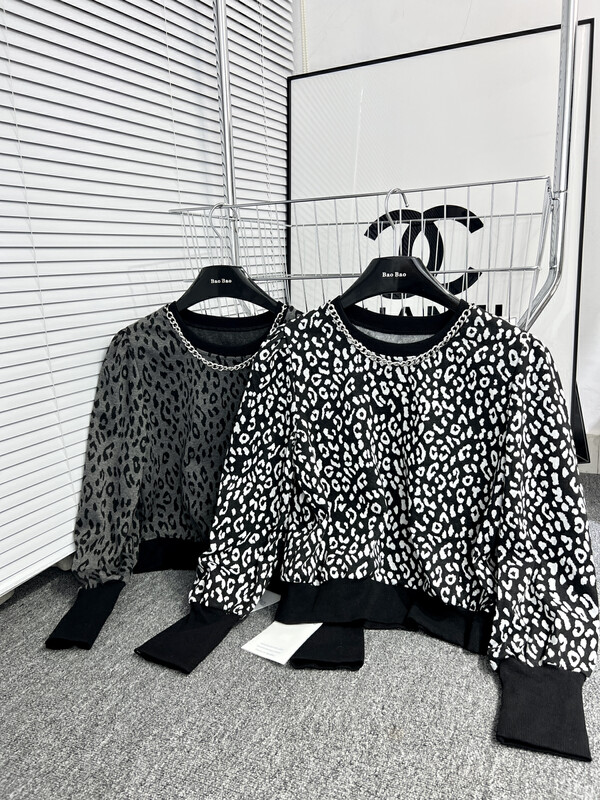 【Fan Fan】 American retro leopard print knitted stitching shirt (with chain) 10103# CL