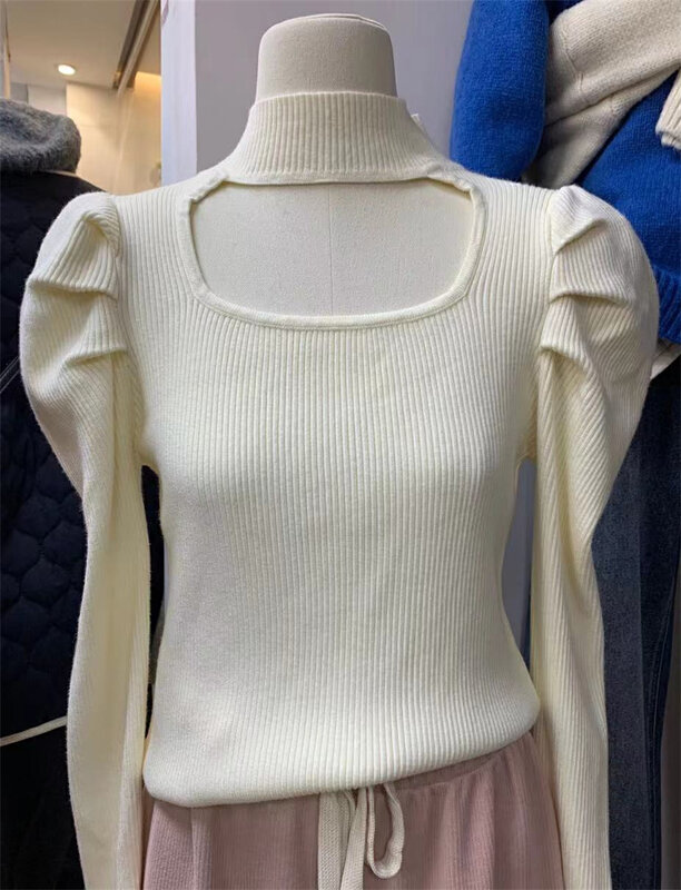 【SUSAN】half high neck puff sleeve hollow knitted sweater 82589# LSW