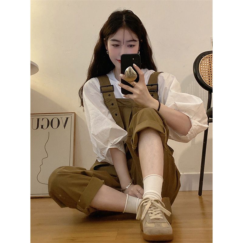 2022 early autumn casual suit female Korean version loose shirt + high waist fashion slim overalls two-piece set