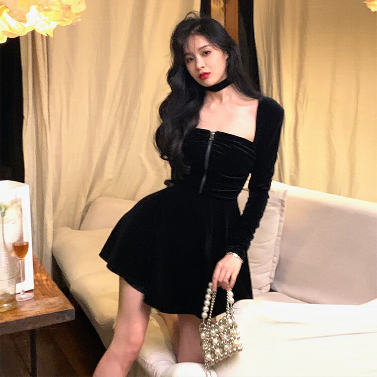 【L.L STUDIO】Pure desire zipper velvet waist dress (with neck cover detachable) 78419# PCZ