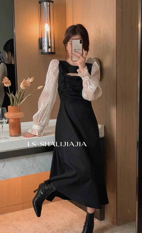 [LS] Fashionable round neck stitching polka dot pleated dress 51091