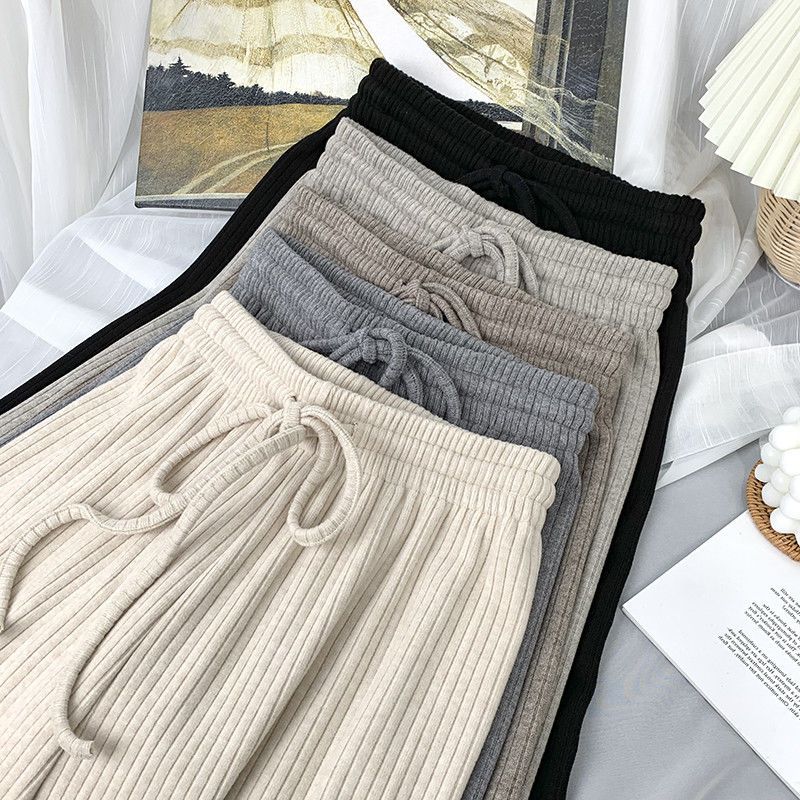 Spring and autumn knitted pit velvet loose high-waisted wide-leg pants women's slim and versatile drape mopping straight casual long pants