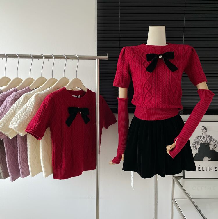 [Yi Kaoru] Age-reducing all-match stitching sleeves to show thin twist knitted bow knitted sweater (with sleeves, bow) 0522# HYY