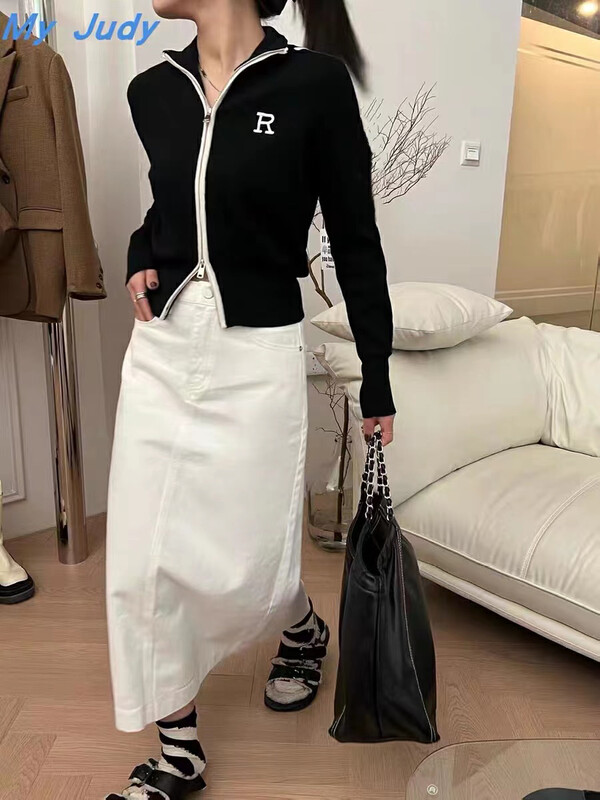 [Fan Fan] Letter Embroidery Double Zipper Knit Cardigan 10098# CL