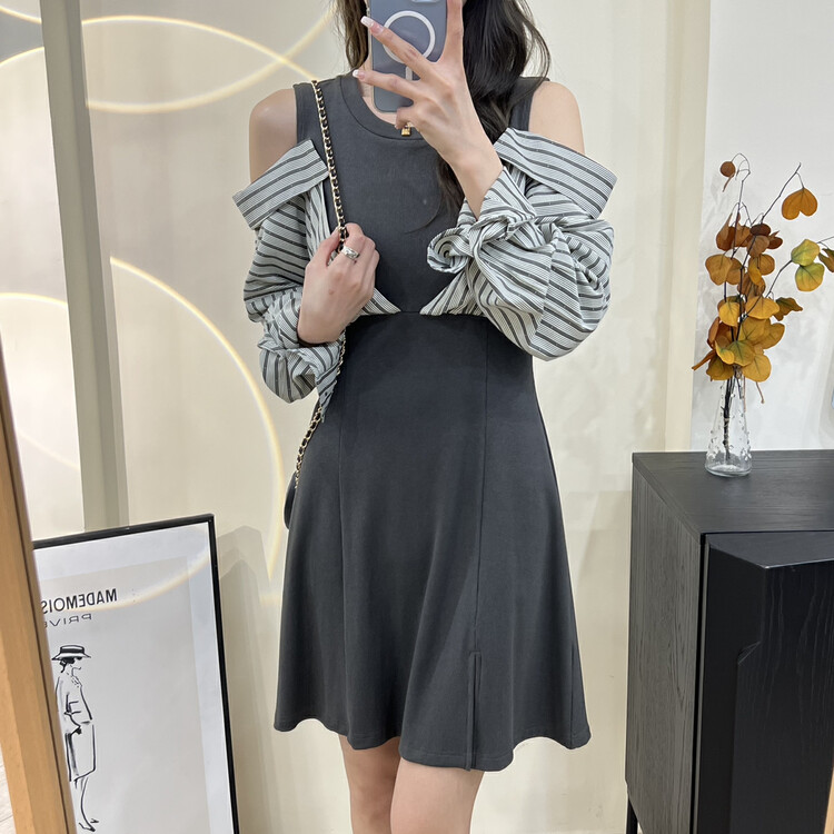 Autumn models are new! [VICTORY.2] fake two-piece retro Western style slimming dress v50# WPL