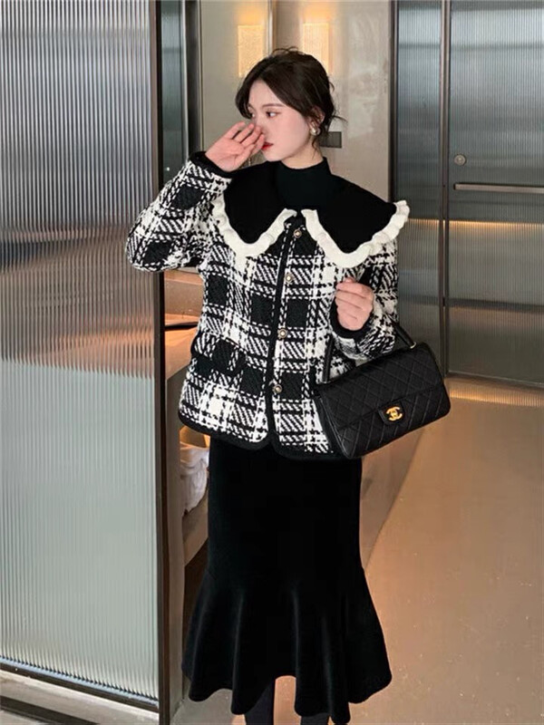 Original price 119.44! [L.L STUDIO] Doll Collar Retro Plaid Wool Quilted Short Jacket (with detachable collar) 78440# PCZ
