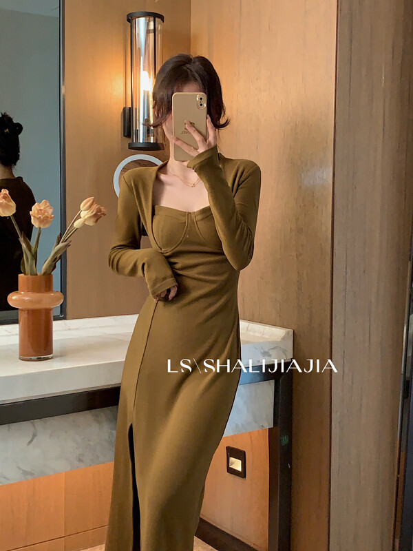 [LS] French high-end square neck slit dress 8593