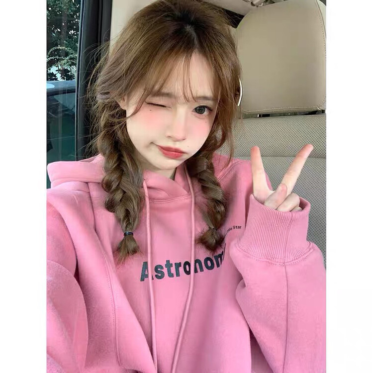 【L.L STUDIO】Sweet Loose Hooded Letter Fleece Sweater 78357# PCZ