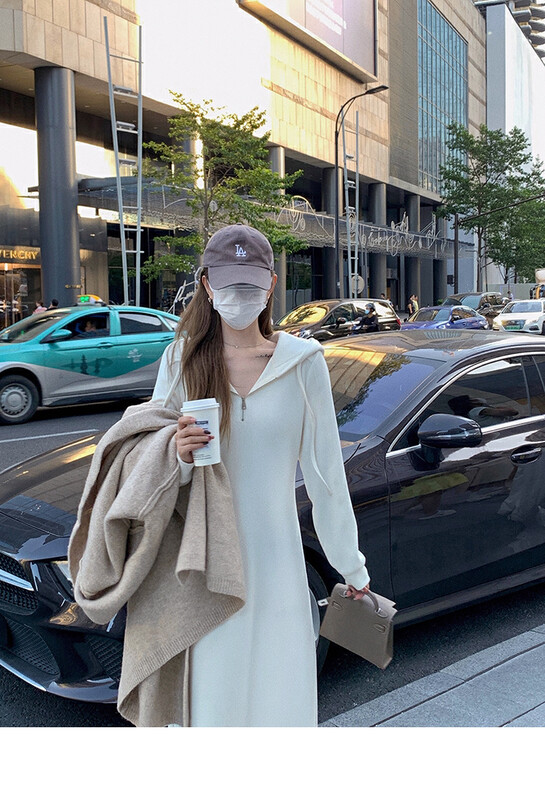 【L.L STUDIO】Hooded Solid Color Mid-Length Dress 78383# PCZ