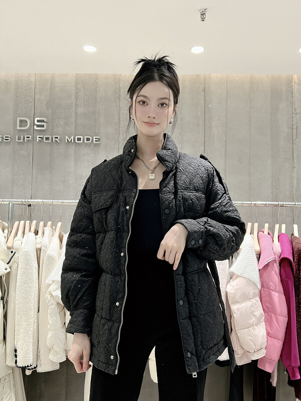 【DS】Lingge Heavy Industry ordered sequin stand-up collar pleated waist warm cotton jacket (with waist rope) 69256D# JHY