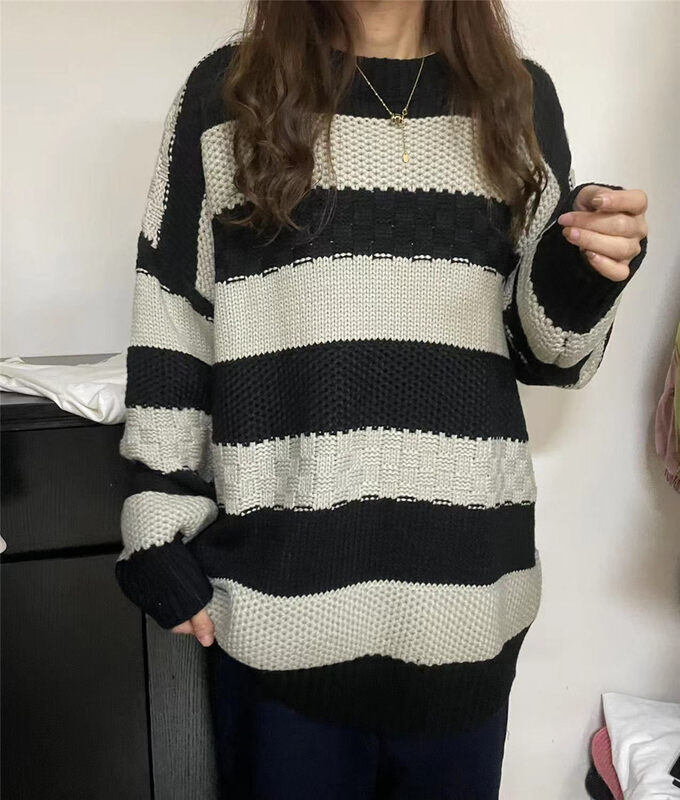 【SUSAN】Contrast color striped lazy style loose warm sweater 82518# LSW