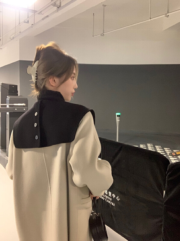 [Y.JIA Ijia] Korean temperament contrasting color navy collar design double-breasted wool coat outer wool coat 55069