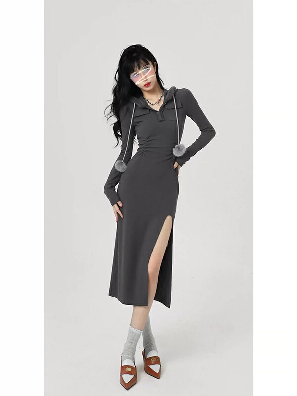 【L.L STUDIO】Hooded Solid Color Slit Dress 78319# PCZ