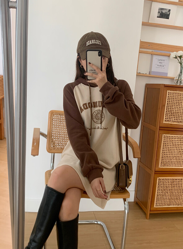 【VICTORY.2】Letter Print Hooded Dress v78# WPL