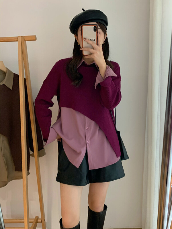 【VICTORY.2】Solid Color Irregular Sweater + Korean Versatile Shirt Set V2212# WPL