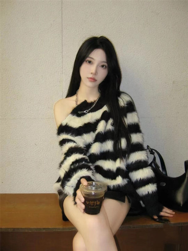 [Korean C Home] Lazy Wind Striped Off-Shoulder Warm Sweater 0866# PCZ