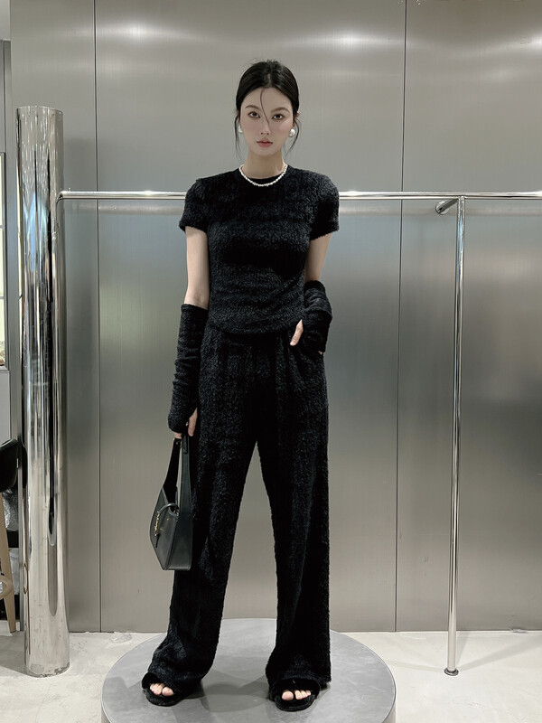 【DS】Korean version slim shirt + high waist solid color pants suit 28734D# JHY