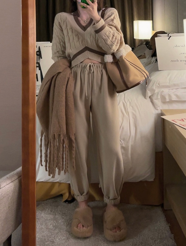 [Y.JIA Yijia] Simple casual sports drawstring feet plus velvet sweatpants casual pants 7096