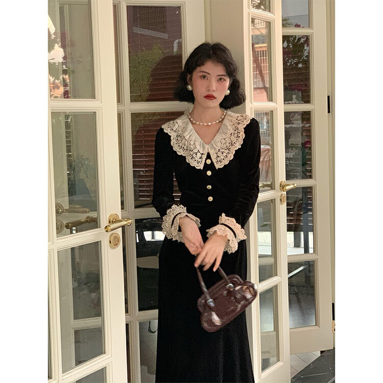 【L.L STUDIO】Velvet Vintage Lace Patchwork Dress 78385# PCZ