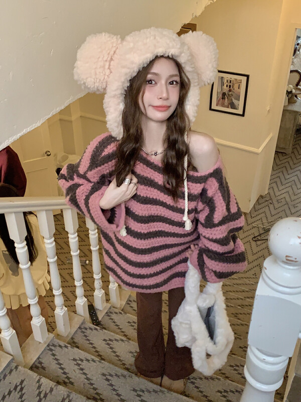 【L.L STUDIO】Loose Striped Contrast Knit Sweater 78388# PCZ