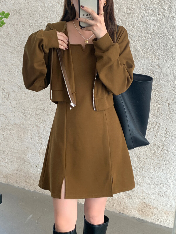 Autumn is new! [VICTORY.2] Korean Sweater Jacket + Small Split Sling Dress Set V36# WPL