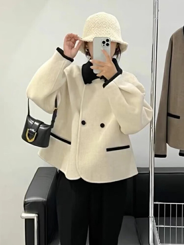 [Y.JIA Yijia] Korean color-blocking simple temperament age-reducing short wool coat 55078