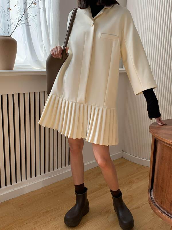 【NEIHE】One Button Suit Collar Dress Pleated Skirt Dress 11261# JHY